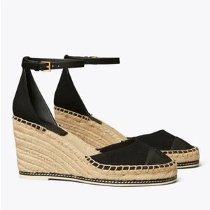 Tory Burch Cap Toe Logo Wedge Espadrille With Straps Mary Jane Black Sz 6.5 $238